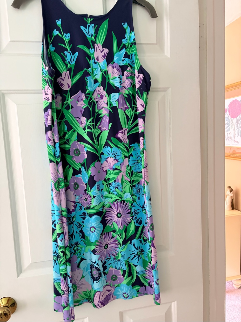Talbots Sleeveless Navy Floral Shift Dress with Lavender & Aqua Blooms